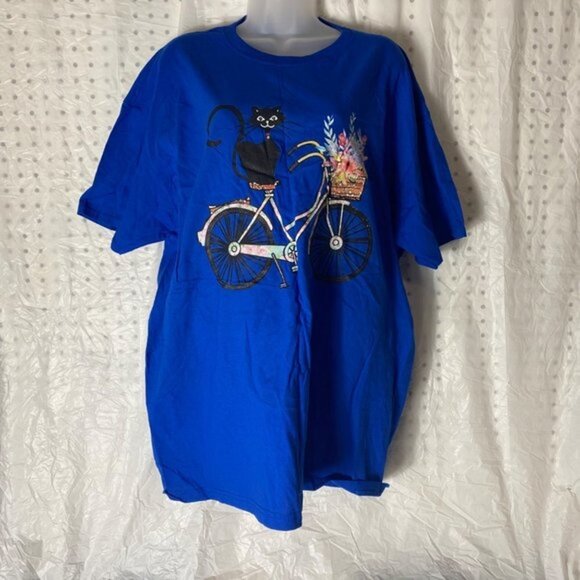 Black Cat On Bike Fruit Of The Loom T-Shirt Women’s Blue Size X-Large - Picture 2 of 5